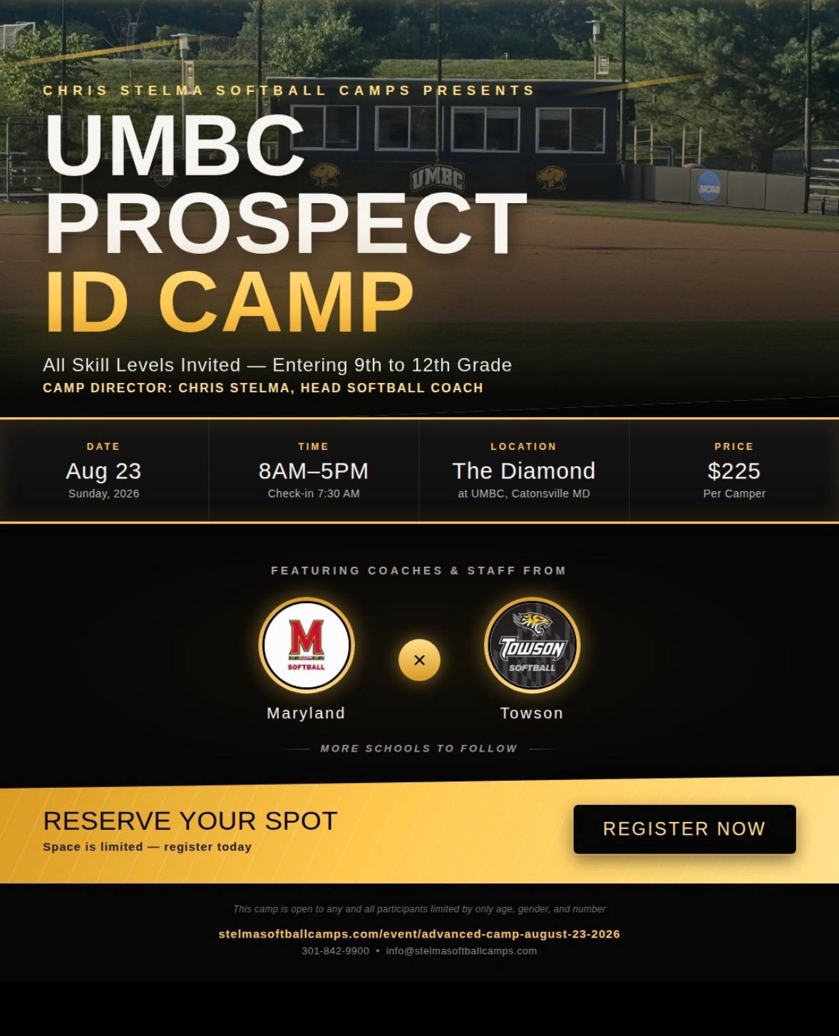 Stelma Softball Camps flyer with information about softball camp on Sunday, August 23, 2026.