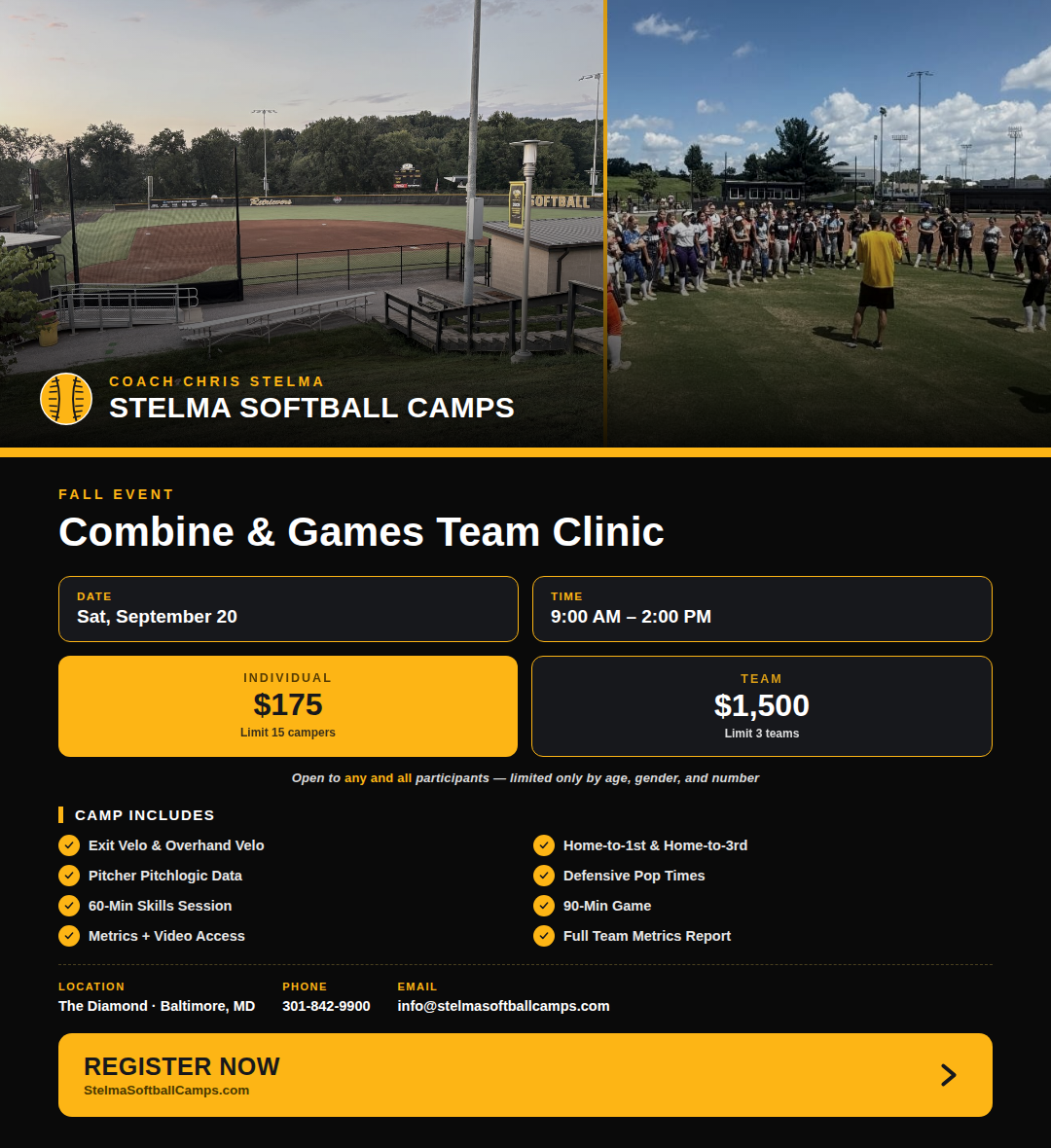 This image is a flyer for the September 20, 2026 Combine & Games Clinic hosted by Stelma Softball Camps at UMBC, Catonsville, Maryland.